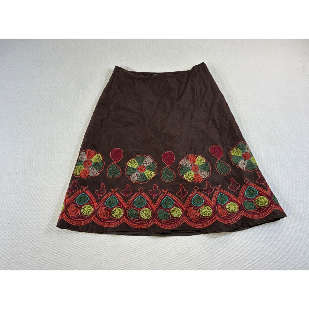Vintage Anne Carson Brown Linen Embroidered Floral A-Line Skirt Size 4 Boho Folk